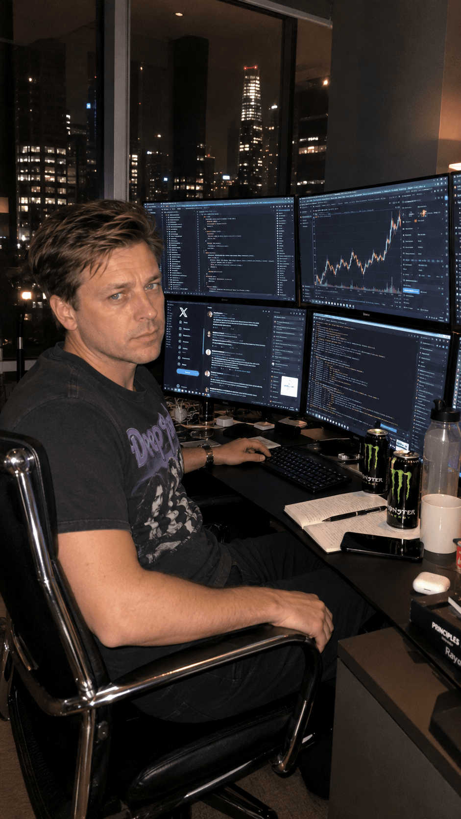 Tony at his desk late at night, in front of a wall of market screens and the city skyline